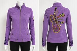 Oilily Women's Purple Full Zip Jacket Embroidered Guitar Size Small Boho Art